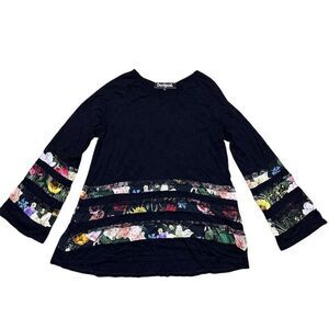 Desigual Women's S Floral Stripe Bell Sleeve Blouse Top Black Boho